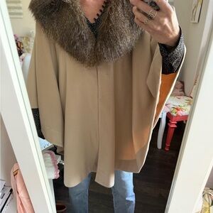 Adrienne Landau Beige Poncho with Brown Faux Fur Collar